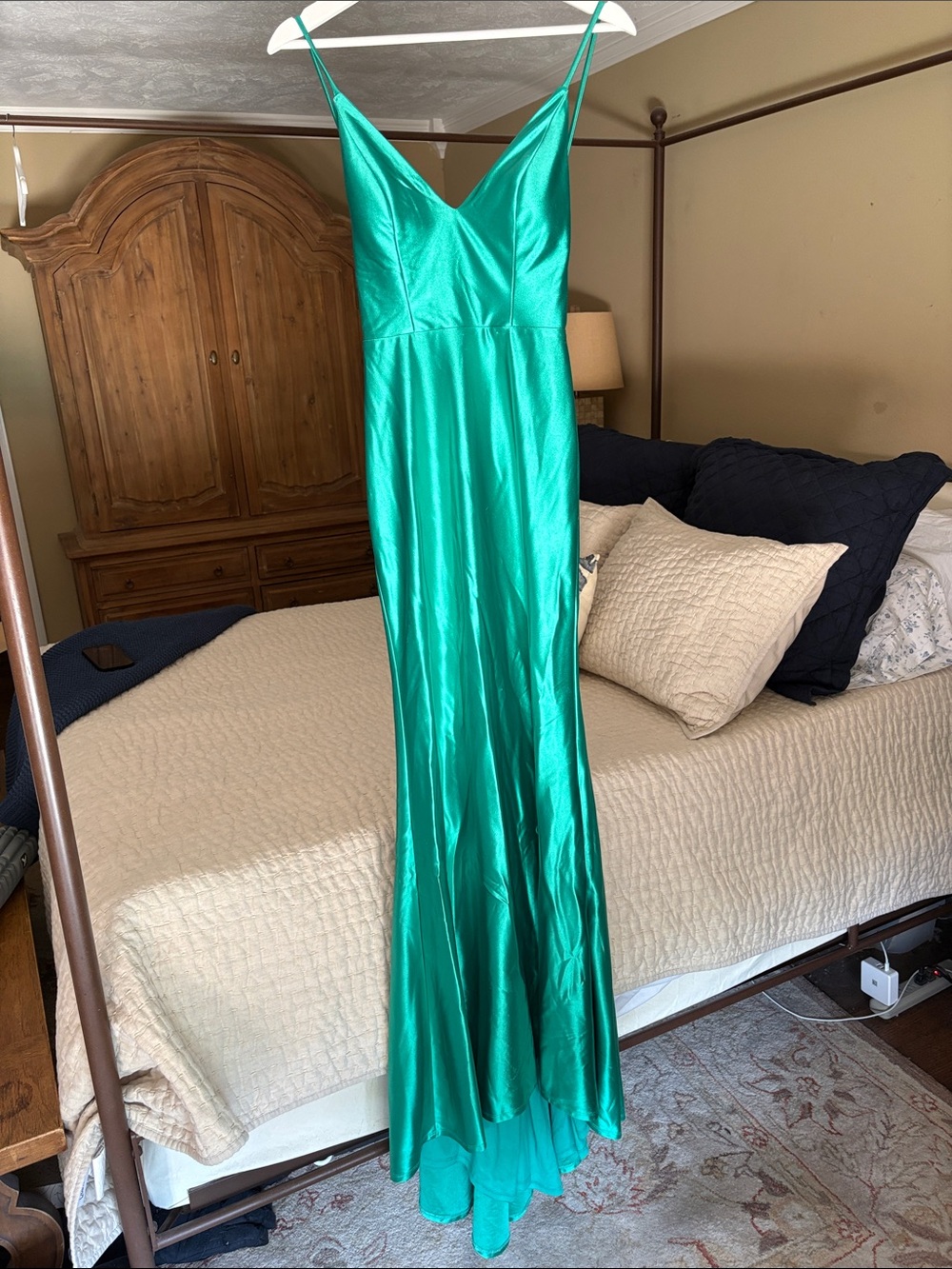 Green Satin V-Neck Maxi Slip Dress with Spaghetti Straps